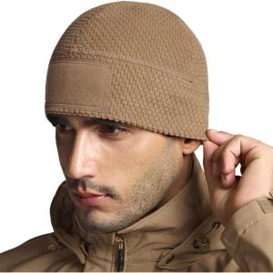 imageCQR Mens Fleece Tactical Beanie Lightweight Army Military Skull Cap Soft Warm Winter Hat with Small PocketGrid Flex Coyote