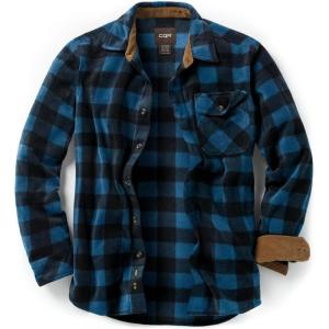 imageCQR Mens Long Sleeve Heavyweight Fleece Shirts Plaid Button Up Shirt Warm Outdoor Casual Shirt with PocketsOne Pocket Blue