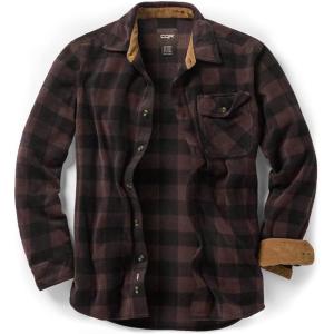 imageCQR Mens Long Sleeve Heavyweight Fleece Shirts Plaid Button Up Shirt Warm Outdoor Casual Shirt with PocketsOne Pocket Dark Brown