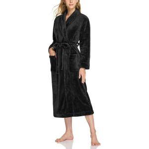 imageCQR Womens Fleece Long Robes Soft Fluffy Sleepwear Robe HoodedShawl Collar Wrap BathrobeFleece Collar Black