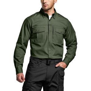 imageCQR Mens Long Sleeve Tactical Shirts Ripstop Military Work Shirts UPF 50 Breathable Button Down Outdoor Hiking ShirtCommander Hidden Zipper Olive