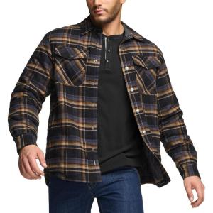 imageCQR Mens Plaid Flannel Shirt Jacket Long Sleeve Soft Warm SherpaQuilted Lined Jacket Outdoor Button UpZipFront JacketQuilted Lining Fossil Rock