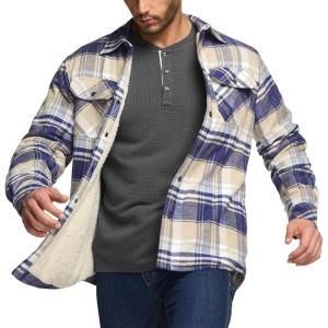 imageCQR Mens Plaid Flannel Shirt Jacket Long Sleeve Soft Warm SherpaQuilted Lined Jacket Outdoor Button UpZipFront JacketSherpa Lined Sedimentary Blue