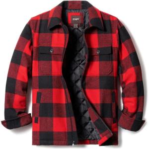 imageCQR Mens Plaid Flannel Shirt Jacket Long Sleeve Soft Warm SherpaQuilted Lined Jacket Outdoor Button UpZipFront JacketWool Jk Buffalo Red Plaid