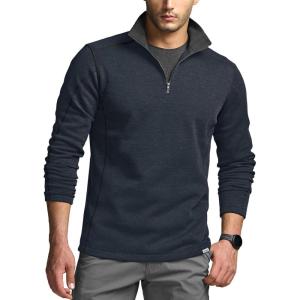 imageCQR Mens Thermal Fleece Quarter Zip Sweater Outdoor Lightweight Long Sleeve Pullover Casual Mock Neck Polo SweatersCrest Navy