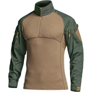 imageCQR Mens Combat Shirt Tactical 14 Zip Long Sleeve Military BDU Shirts Camo EDC Top with PocketsMilitary Shirts Olive Green