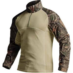 imageCQR Mens Combat Shirt Tactical 14 Zip Long Sleeve Military BDU Shirts Camo EDC Top with PocketsRaider Hunting Camo