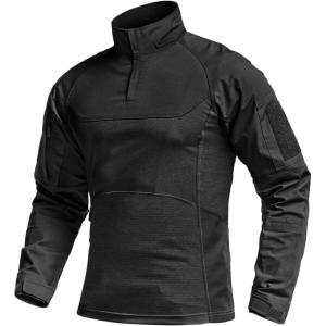 imageCQR Mens Combat Shirt Tactical 14 Zip Long Sleeve Military BDU Shirts Camo EDC Top with PocketsRaider Pro Black
