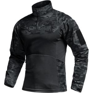 imageCQR Mens Combat Shirt Tactical 14 Zip Long Sleeve Military BDU Shirts Camo EDC Top with PocketsRaider Pro Utility Camo Black