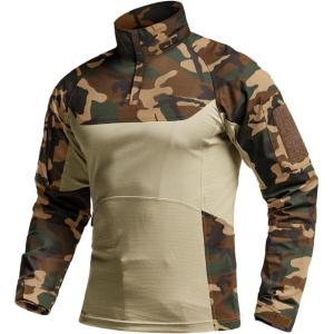 imageCQR Mens Combat Shirt Tactical 14 Zip Long Sleeve Military BDU Shirts Camo EDC Top with PocketsRaider Pro Woodland