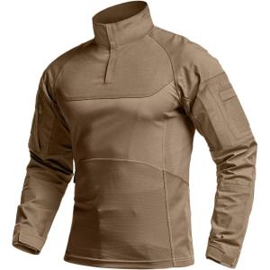 imageCQR Mens Combat Shirt Tactical 14 Zip Long Sleeve Military BDU Shirts Camo EDC Top with PocketsWoven Chest Coyote