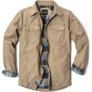 imageCQR Mens Flannel Lined Shirt Jackets Long Sleeved Rugged Plaid Cotton Brushed Suede Shirt JacketFlannel Lined Cowboy Tan