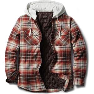 imageCQR Mens Quilted Lined Flannel Hooded Shirt Jacket Soft Warm Long Sleeve Outdoor Cotton Plaid Shirt JacketsQuilted Lined Burgundy