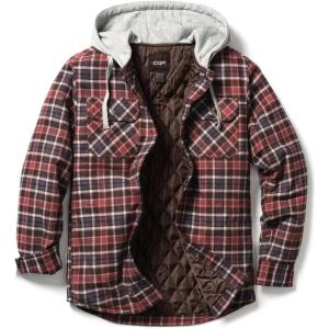 imageCQR Mens Quilted Lined Flannel Hooded Shirt Jacket Soft Warm Long Sleeve Outdoor Cotton Plaid Shirt JacketsQuilted Lined Burnt Larch