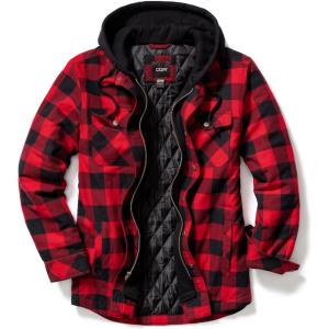 imageCQR Mens Quilted Lined Flannel Hooded Shirt Jacket Soft Warm Long Sleeve Outdoor Cotton Plaid Shirt JacketsQuilted Lined Full Zip Classic Red