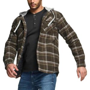 imageCQR Mens Quilted Lined Flannel Hooded Shirt Jacket Soft Warm Long Sleeve Outdoor Cotton Plaid Shirt JacketsQuilted Lined Hickory Green