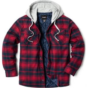 imageCQR Mens Quilted Lined Flannel Hooded Shirt Jacket Soft Warm Long Sleeve Outdoor Cotton Plaid Shirt JacketsQuilted Lined Red  Navy