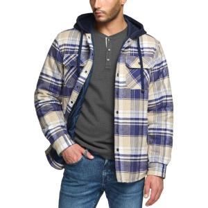 imageCQR Mens Quilted Lined Flannel Hooded Shirt Jacket Soft Warm Long Sleeve Outdoor Cotton Plaid Shirt JacketsQuilted Lined Sedimentary Blue