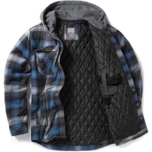 imageCQR Mens Quilted Lined Flannel Hooded Shirt Jacket Soft Warm Long Sleeve Outdoor Cotton Plaid Shirt JacketsStealth Night Sky