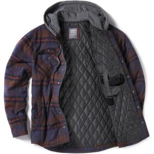 imageCQR Mens Quilted Lined Flannel Hooded Shirt Jacket Soft Warm Long Sleeve Outdoor Cotton Plaid Shirt JacketsStealth Woods Night