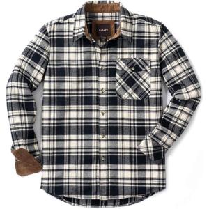 imageCQR Mens 100 All Cotton Button Down Flannel Shirts Long Sleeve Brushed Warm Soft Casual Outdoor Plaid ShirtPlaid Off Black