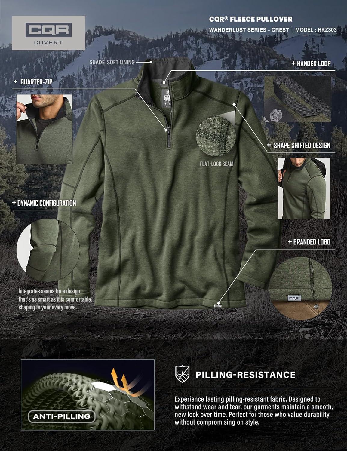 imageCQR Mens Thermal Fleece Quarter Zip Sweater Outdoor Lightweight Long Sleeve Pullover Casual Mock Neck Polo SweatersCrest Olive