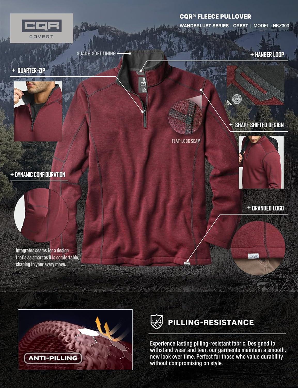 imageCQR Mens Thermal Fleece Quarter Zip Sweater Outdoor Lightweight Long Sleeve Pullover Casual Mock Neck Polo SweatersCrest Wine