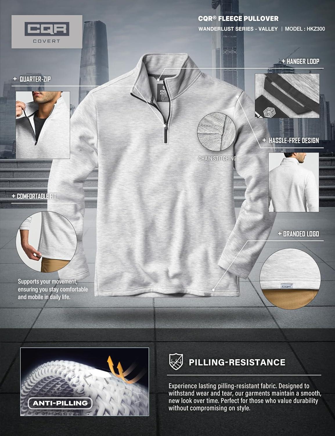 imageCQR Mens Thermal Fleece Quarter Zip Sweater Outdoor Lightweight Long Sleeve Pullover Casual Mock Neck Polo SweatersValley Light Grey