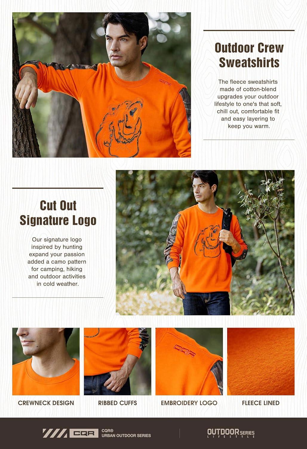 imageCQR Mens Fleece Crewneck Sweatshirt Winter Outdoor Performance Pullover Crew Fleece Lined Hunting Sweatshirts