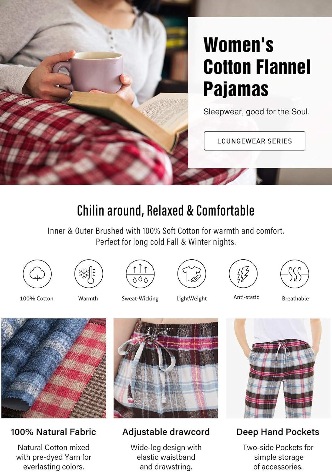 imageCQR Womens 100 Cotton Flannel Plaid Pajama Pants Brushed Soft Lounge ampamp Sleepwear PJ Bottoms with Pockets
