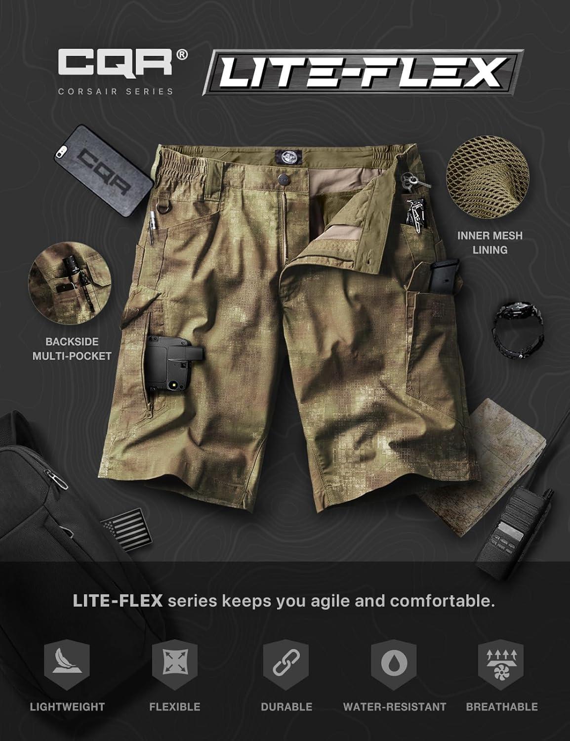 imageCQR Mens Flex Casual Cargo Shorts Lightweight Water Resistant Golf Shorts Stretch Tactical Work Shorts with MultiPocketTac Fractal Camo