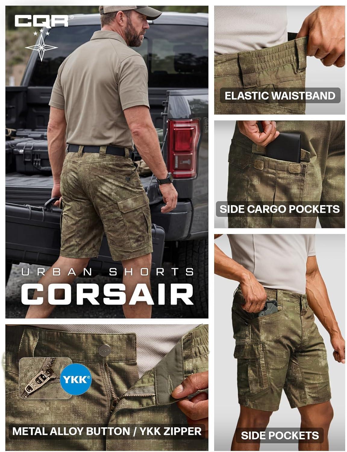 imageCQR Mens Flex Casual Cargo Shorts Lightweight Water Resistant Golf Shorts Stretch Tactical Work Shorts with MultiPocketTac Fractal Camo