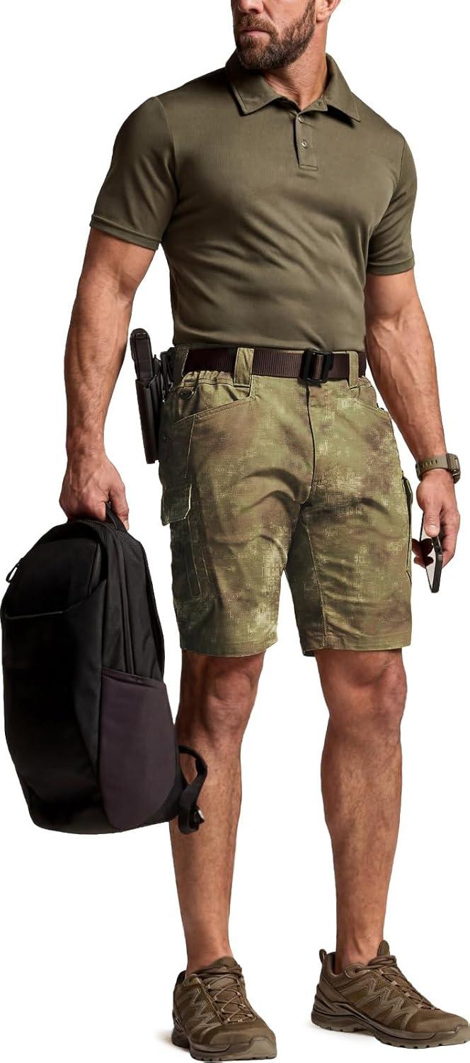 imageCQR Mens Flex Casual Cargo Shorts Lightweight Water Resistant Golf Shorts Stretch Tactical Work Shorts with MultiPocketTac Fractal Camo
