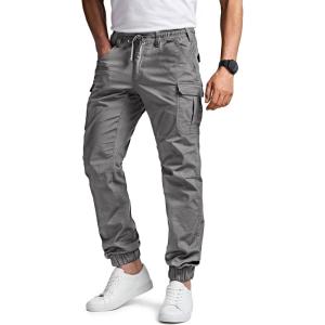 imageCQR Mens Flex Lightweight Joggers Elastic Waist Drawstring Casual Pants Tapered Fit Water Resistant Outdoor Cargo PantsSquad Stone