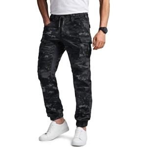 imageCQR Mens Flex Lightweight Joggers Elastic Waist Drawstring Casual Pants Tapered Fit Water Resistant Outdoor Cargo PantsSquad Utility Camo Black