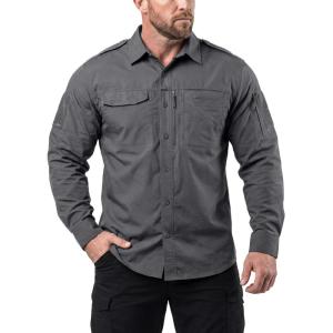 imageCQR Mens Long Sleeve Tactical Shirts Ripstop Military Work Shirts UPF 50 Breathable Button Down Outdoor Hiking ShirtJourneyman Charcoal