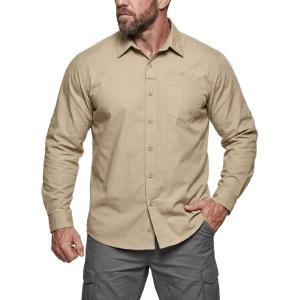 imageCQR Mens Long Sleeve Tactical Shirts Ripstop Military Work Shirts UPF 50 Breathable Button Down Outdoor Hiking ShirtMetro Khaki